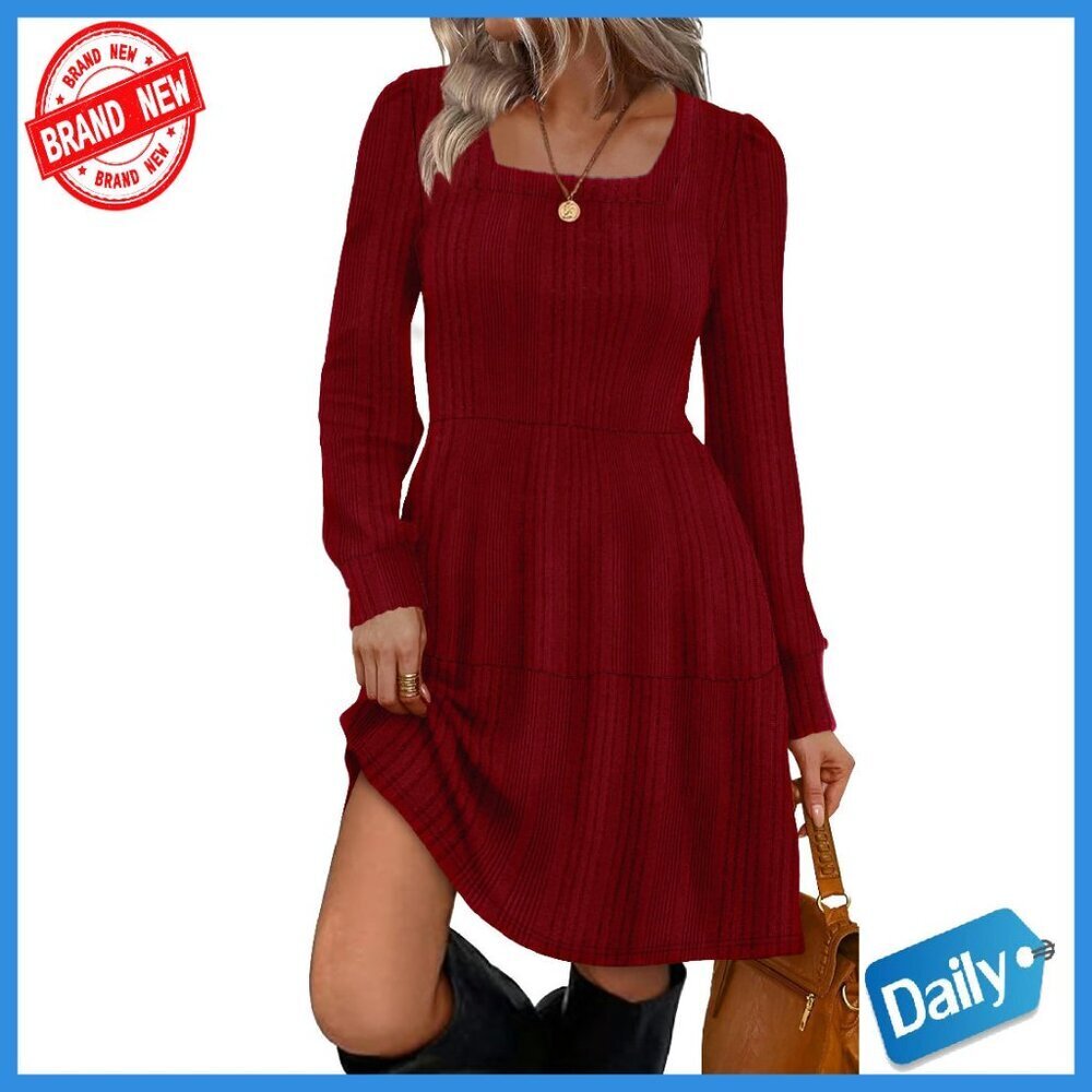 Square Neck Long Sleeve Babydoll Sweater Dress Flowy Fall Tunic